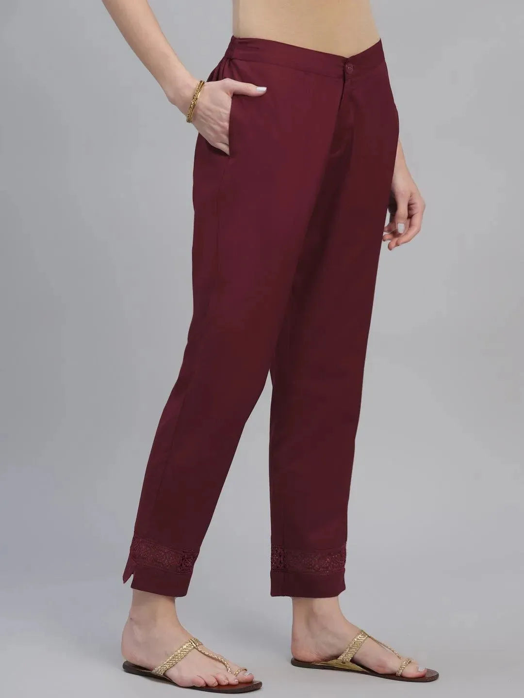 Maroon Solid Cotton Trousers - Libas