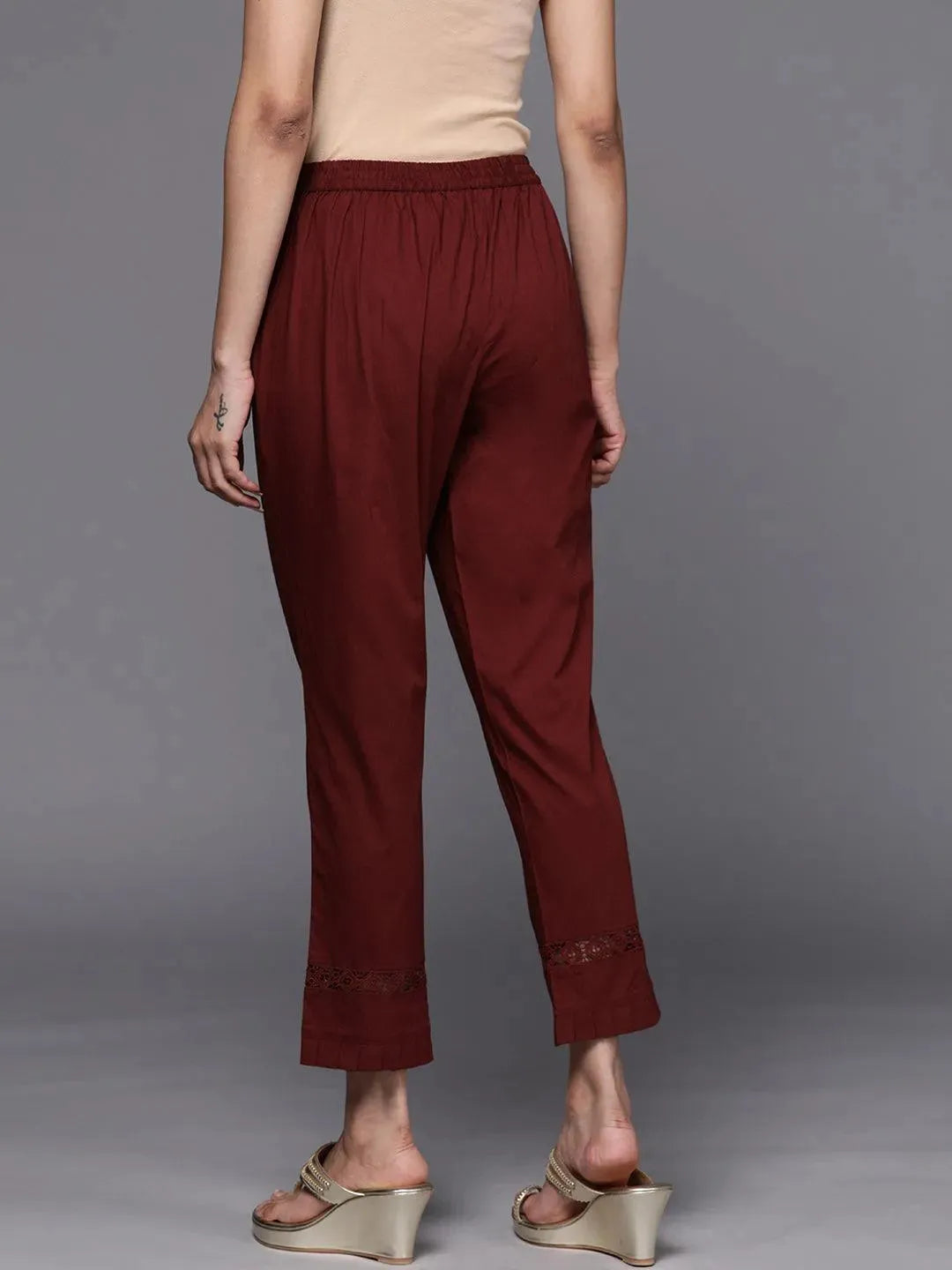 Maroon Solid Cotton Trousers - Libas