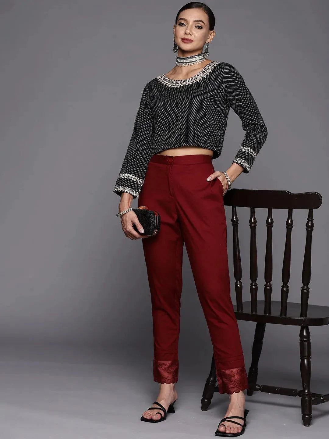 Maroon Solid Cotton Trousers - Libas 