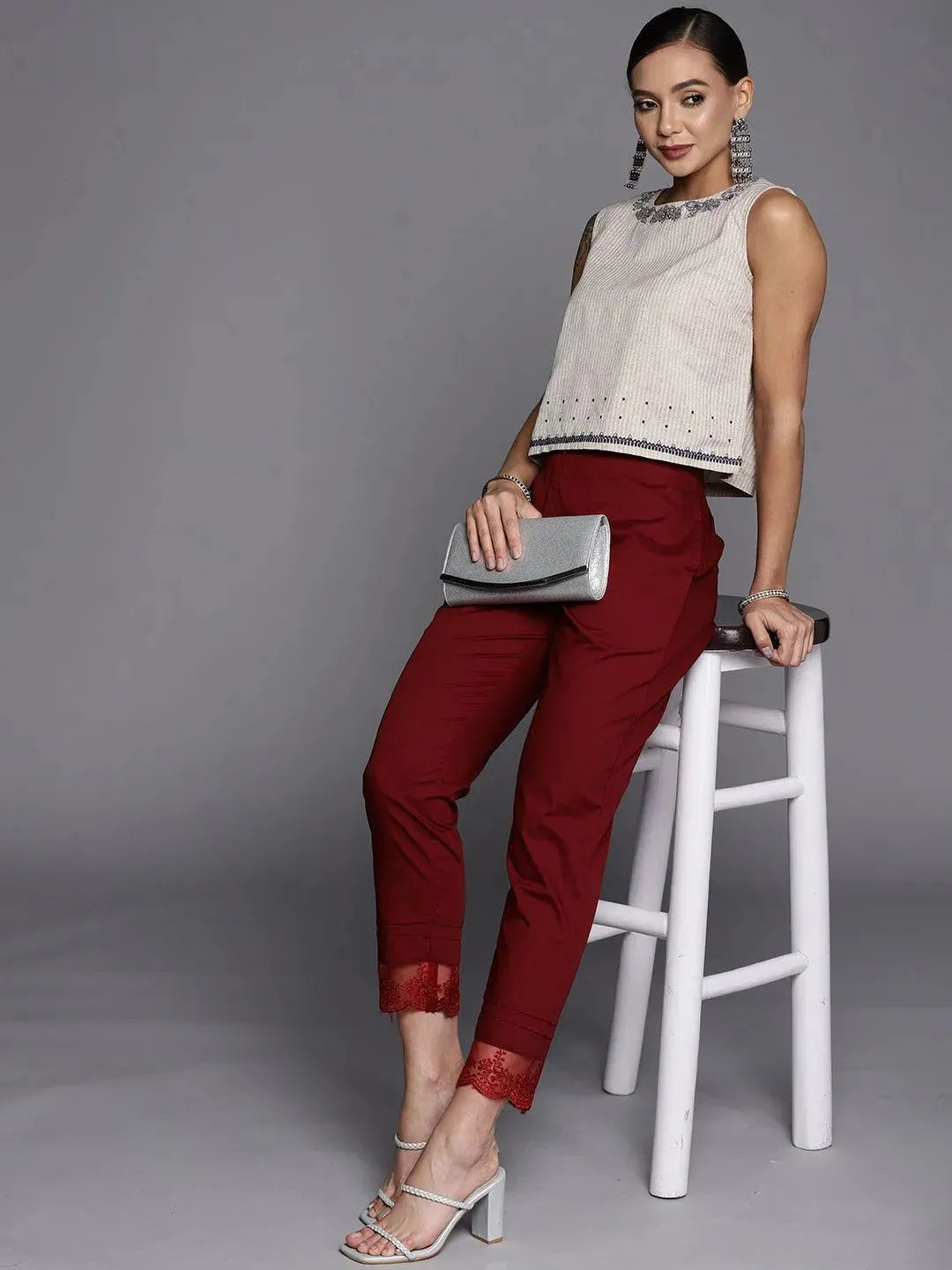 Maroon Solid Cotton Trousers - Libas