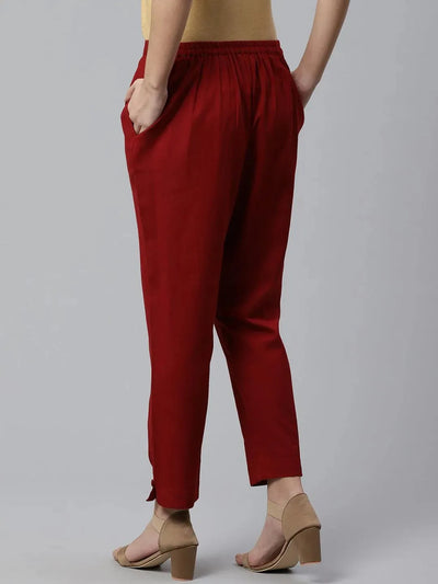 Maroon Solid Cotton Trousers - Libas