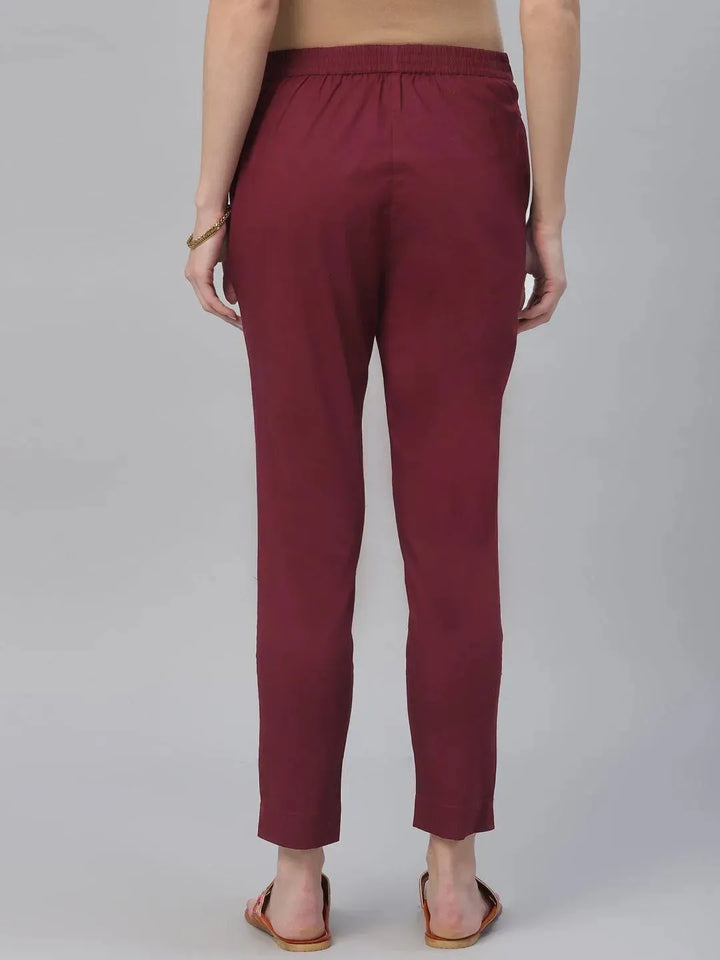 Maroon Solid Cotton Trousers - Libas