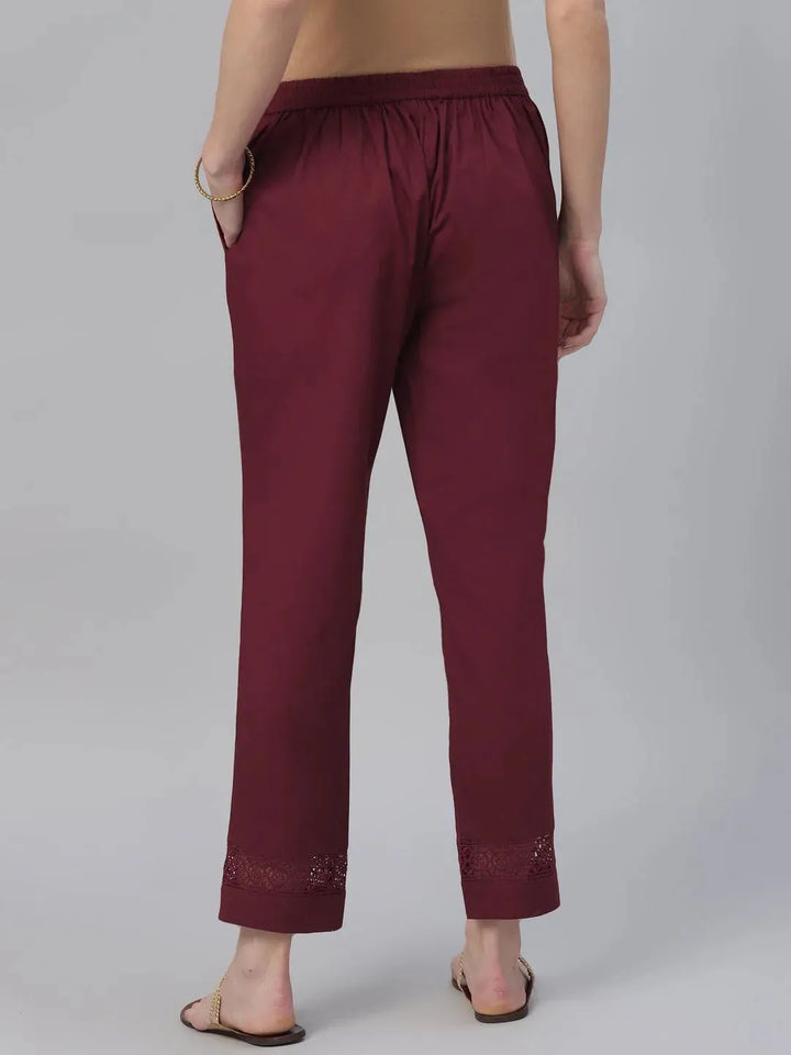 Maroon Solid Cotton Trousers - Libas