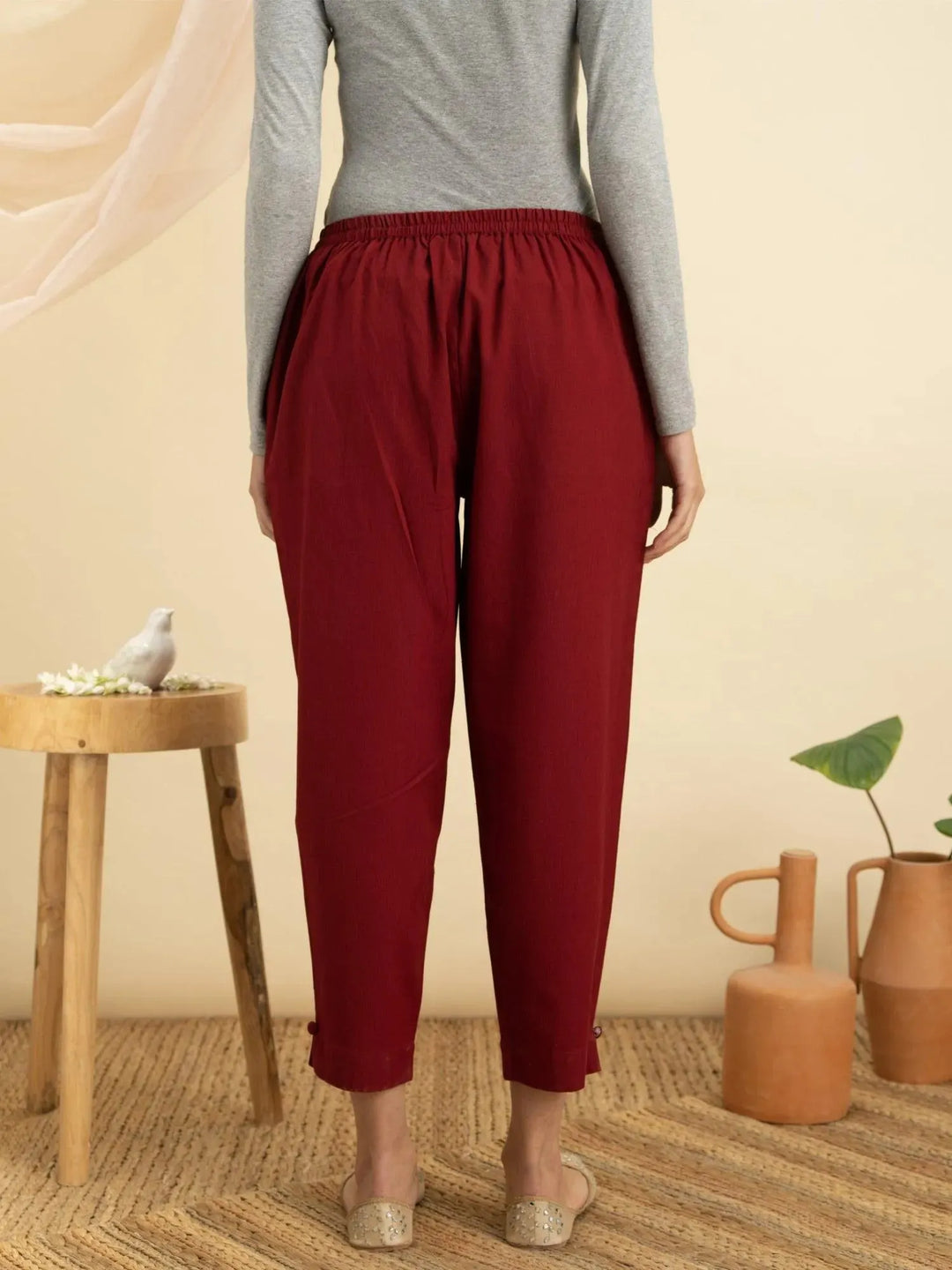 Maroon Solid Cotton Trousers - Libas