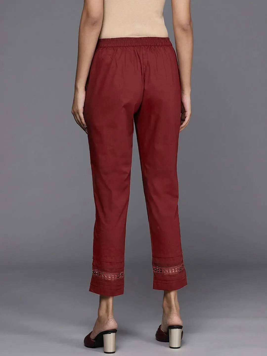 Maroon Solid Cotton Trousers - Libas 