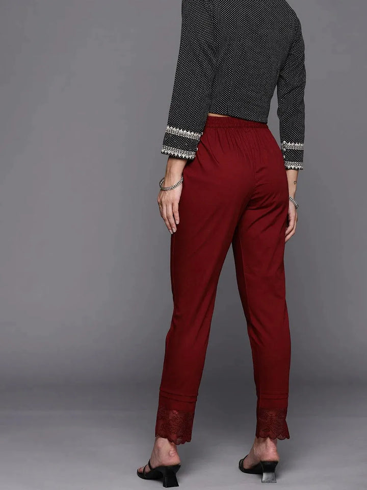 Maroon Solid Cotton Trousers - Libas