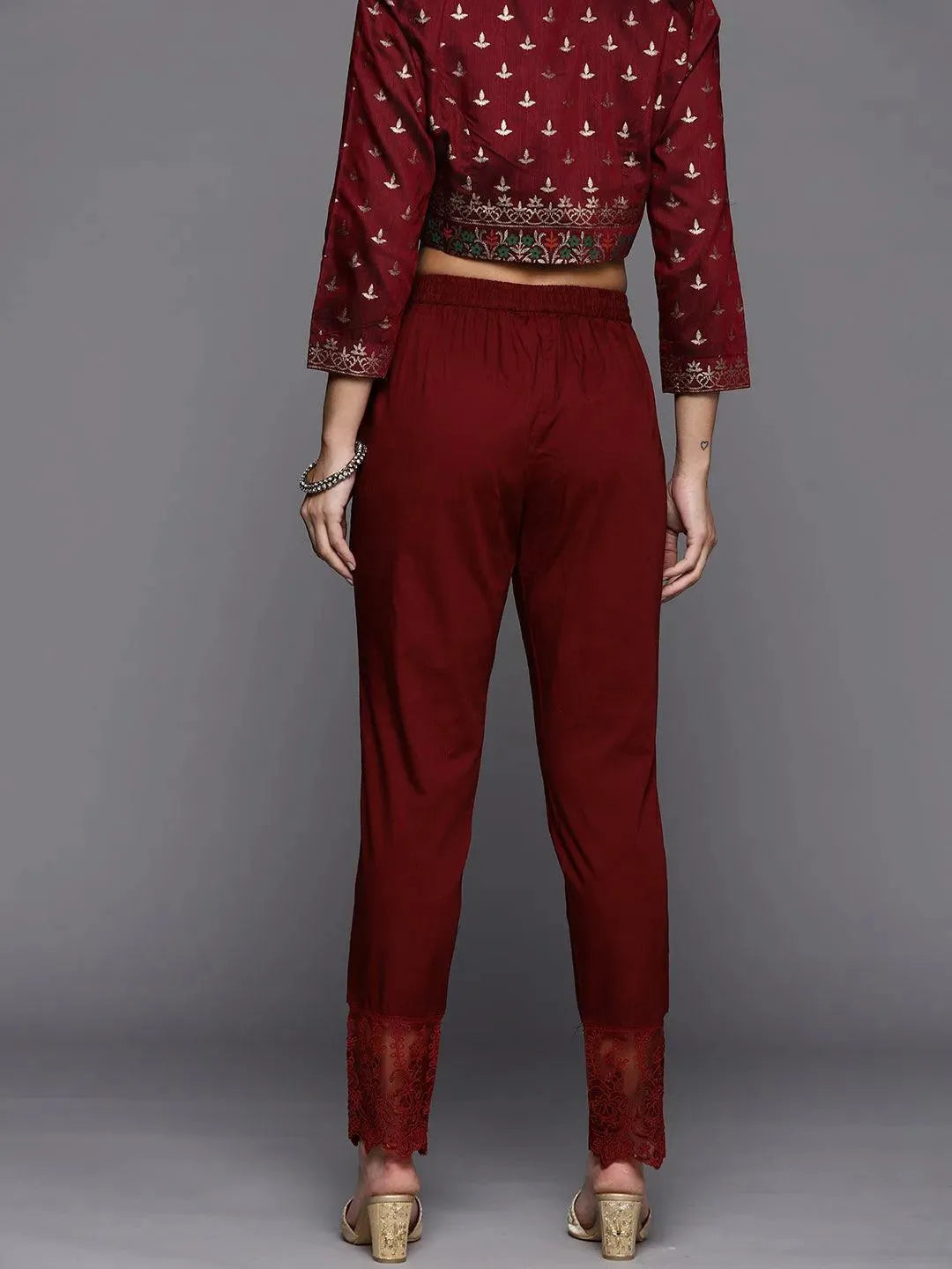 Maroon Solid Cotton Trousers - Libas