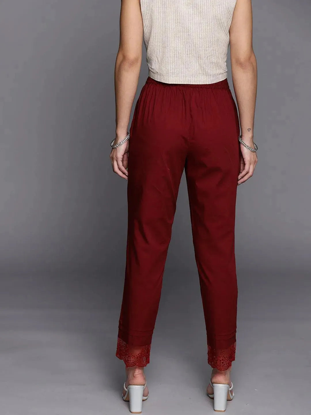 Maroon Solid Cotton Trousers - Libas