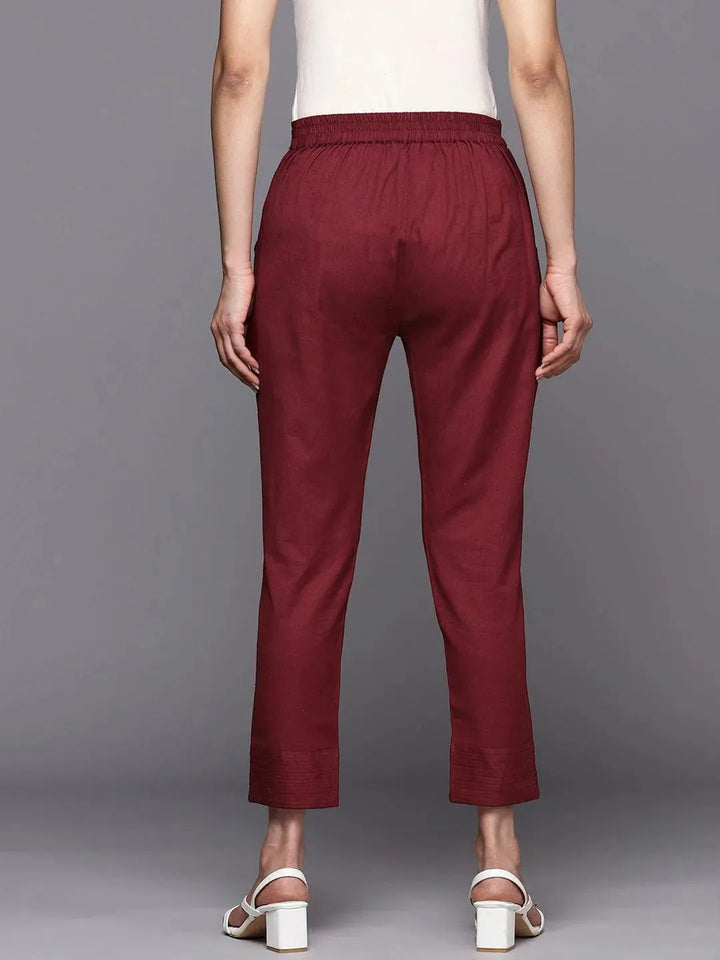 Maroon Solid Cotton Trousers - Libas