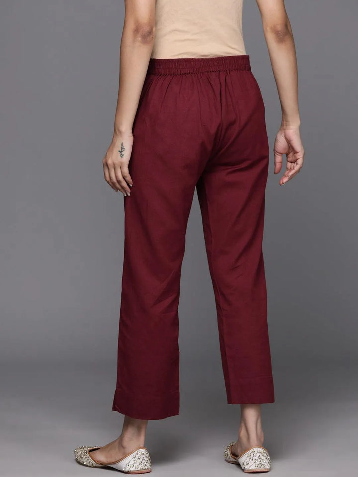 Maroon Solid Cotton Trousers - Libas