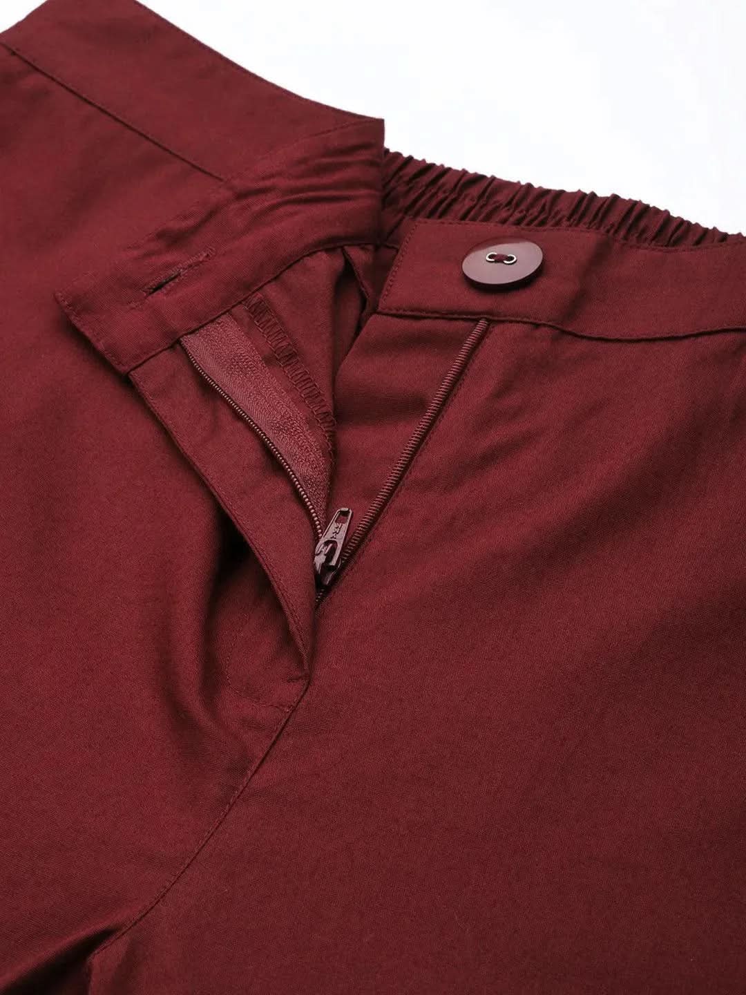 Maroon Solid Cotton Trousers - Libas 