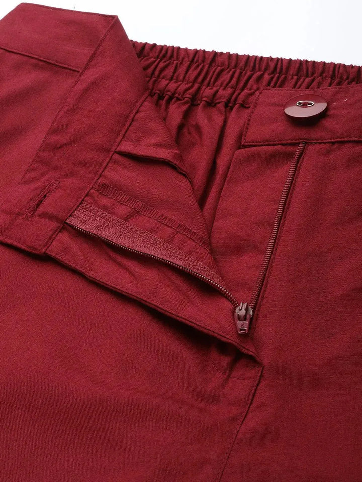 Maroon Solid Cotton Trousers - Libas