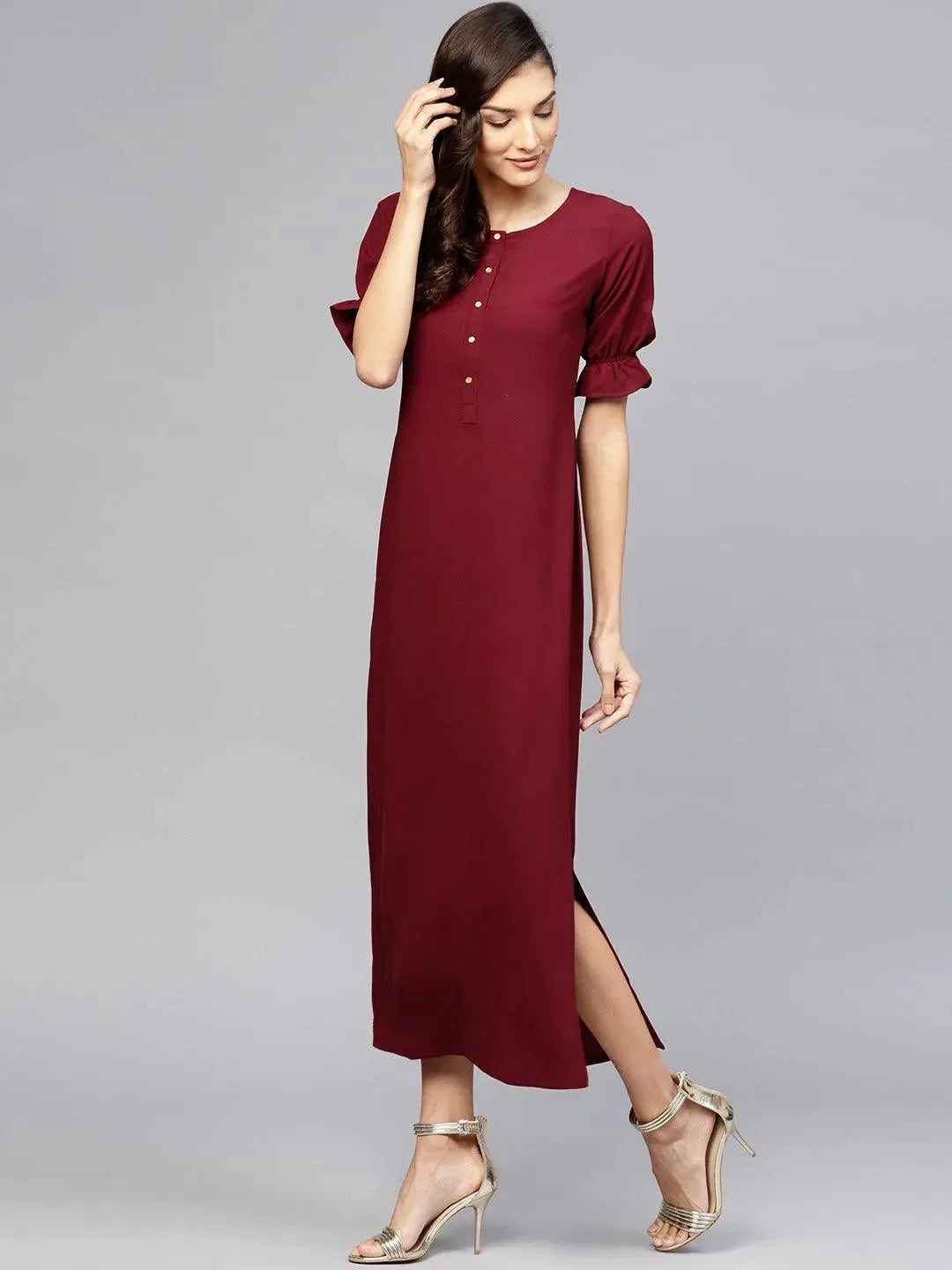 Maroon Solid Georgette Dress - Libas 