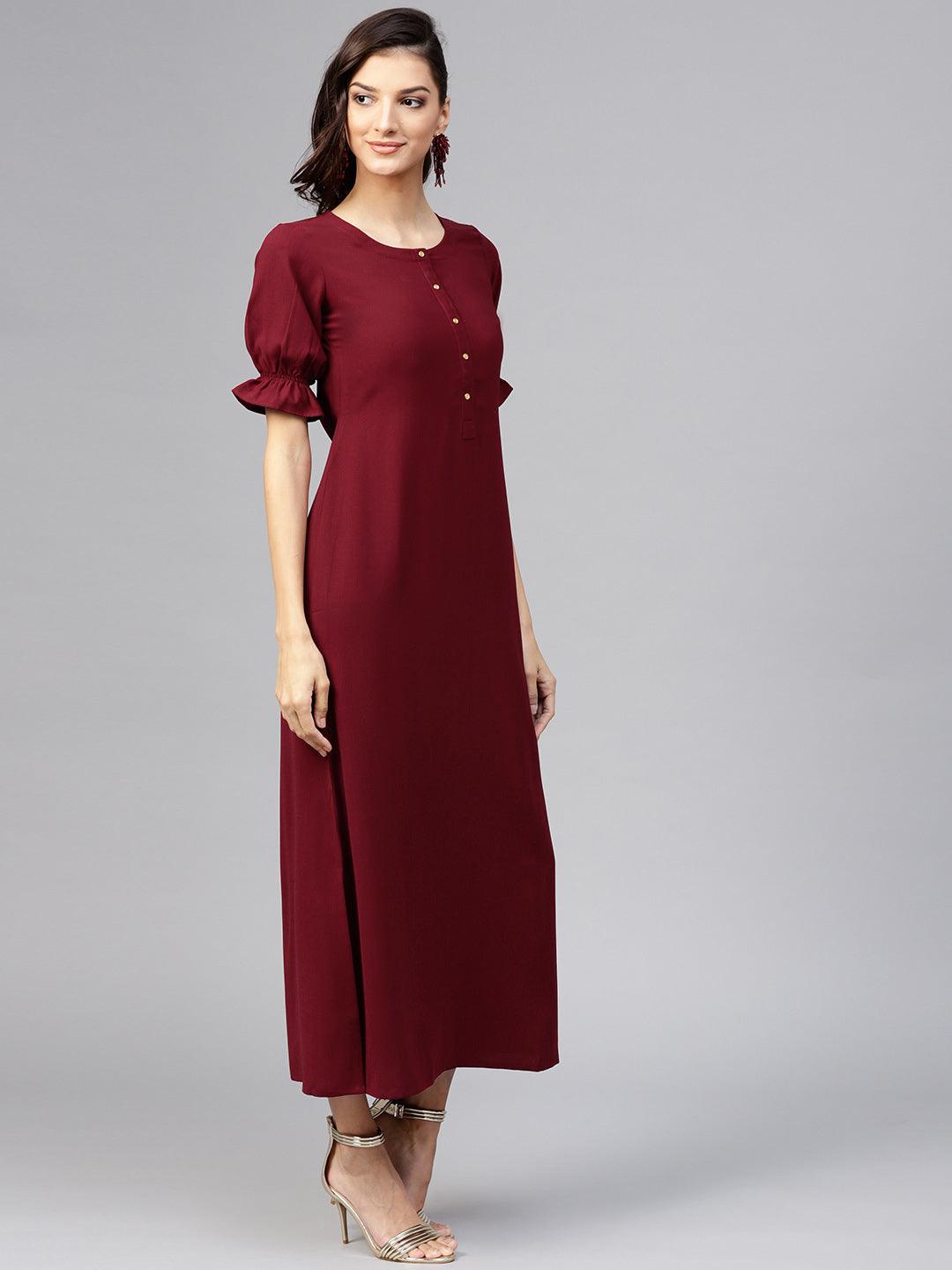 Maroon Solid Georgette Dress - Libas
