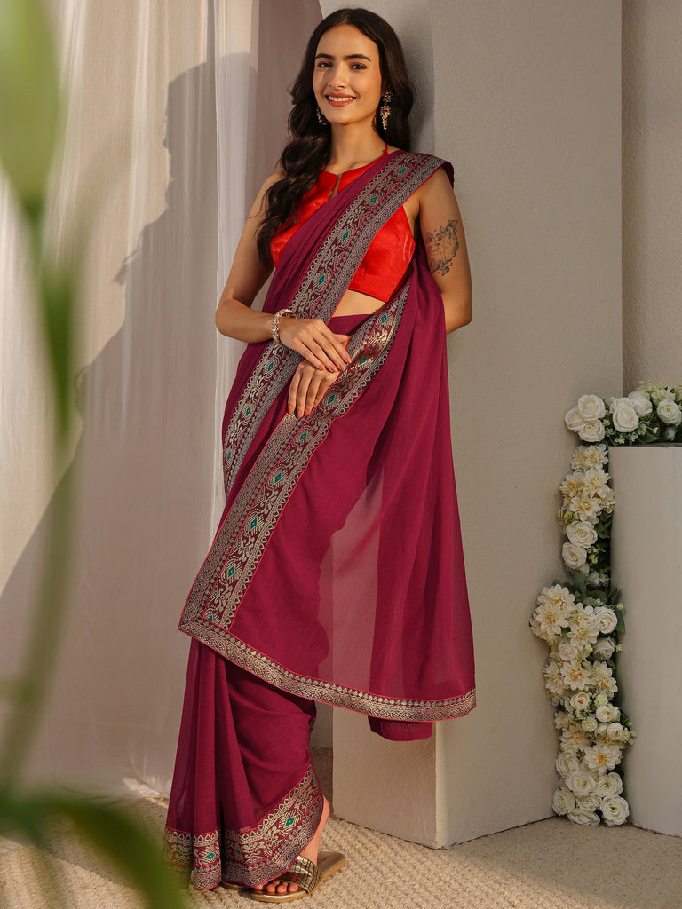 Libas Maroon Solid Georgette Saree With Unstitched Blouse Piece