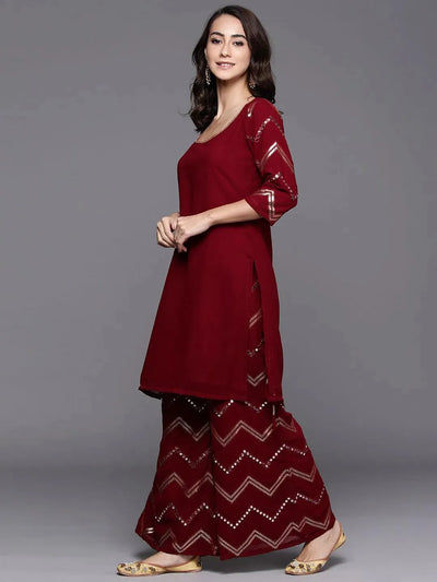 Maroon Solid Poly Georgette Suit Set - Libas