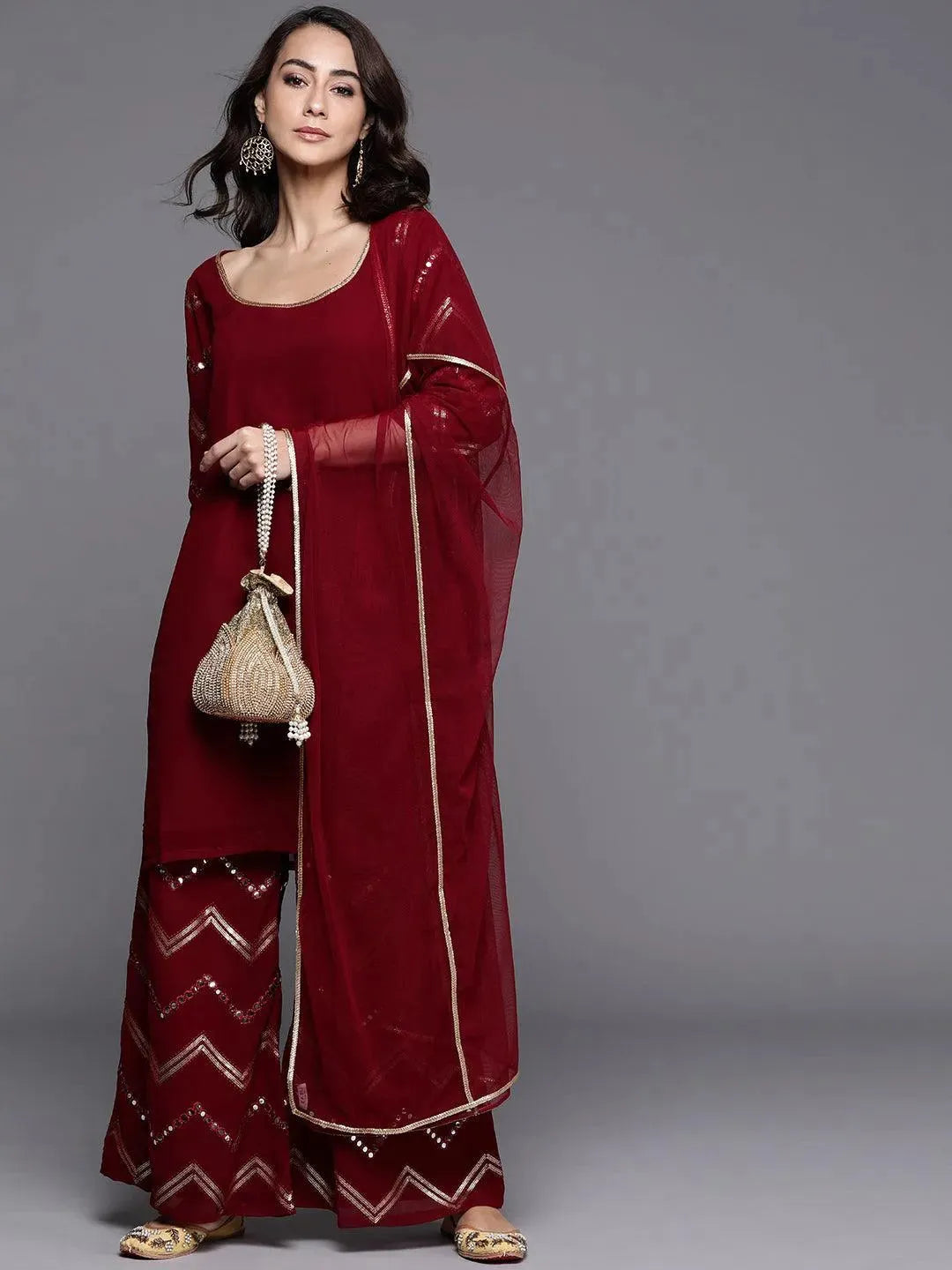 Maroon Solid Poly Georgette Suit Set - Libas 