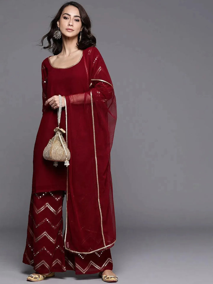 Maroon Solid Poly Georgette Suit Set - Libas