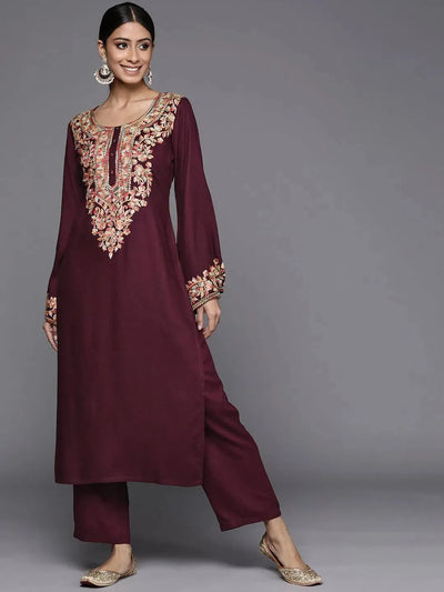 Maroon Solid Pashmina Wool Kurta Set - Libas