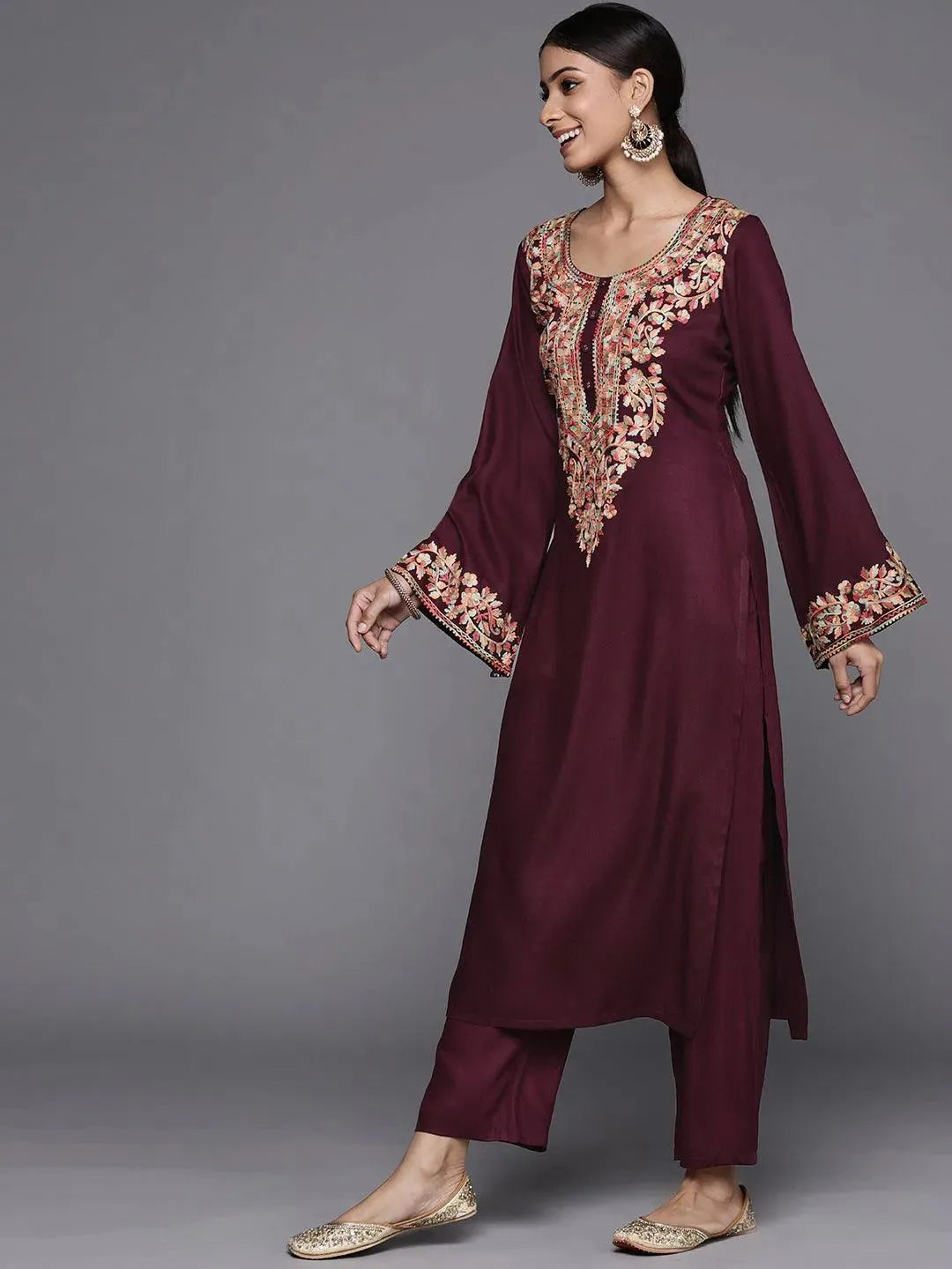 Maroon Solid Pashmina Wool Kurta Set - Libas