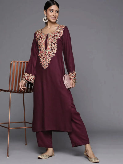 Maroon Solid Pashmina Wool Kurta Set - Libas