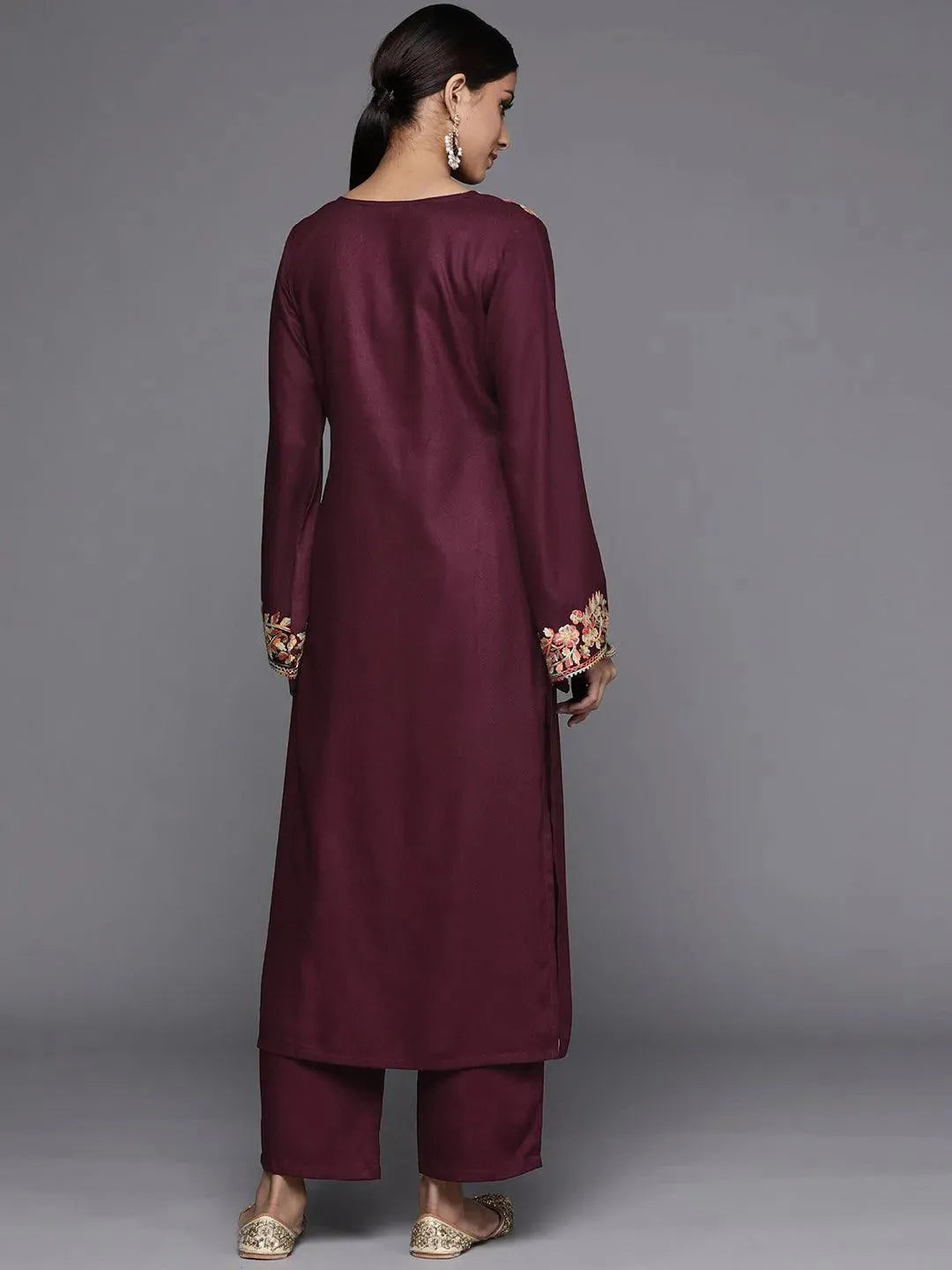 Maroon Solid Pashmina Wool Kurta Set - Libas 