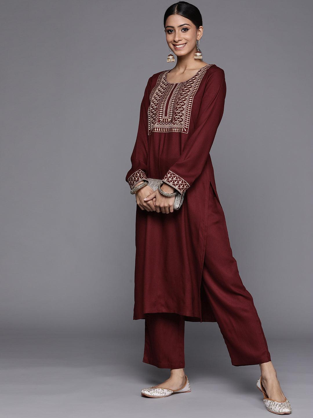 Maroon Solid Pashmina Wool Trousers
