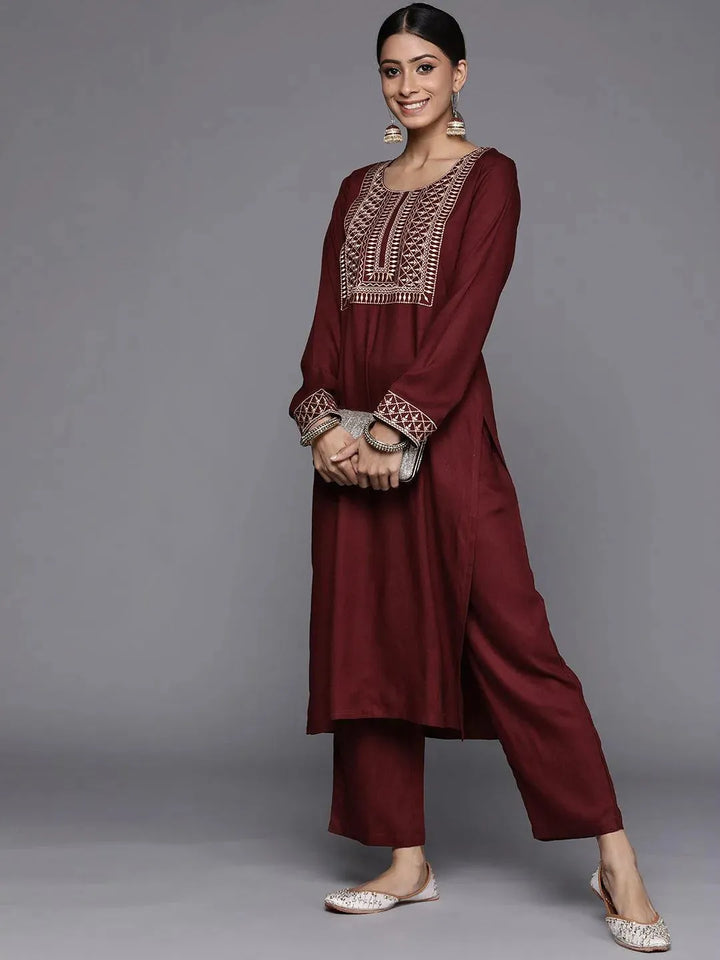 Maroon Solid Pashmina Wool Trousers - Libas