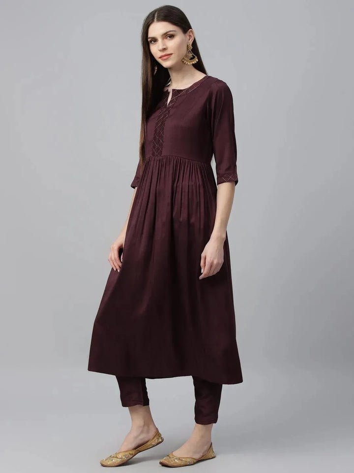 Maroon Solid Polyester Kurta Set - Libas
