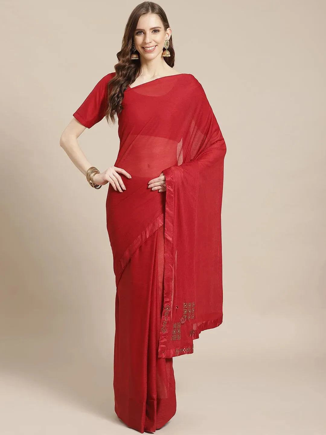 Maroon Solid Polyester Saree - Libas