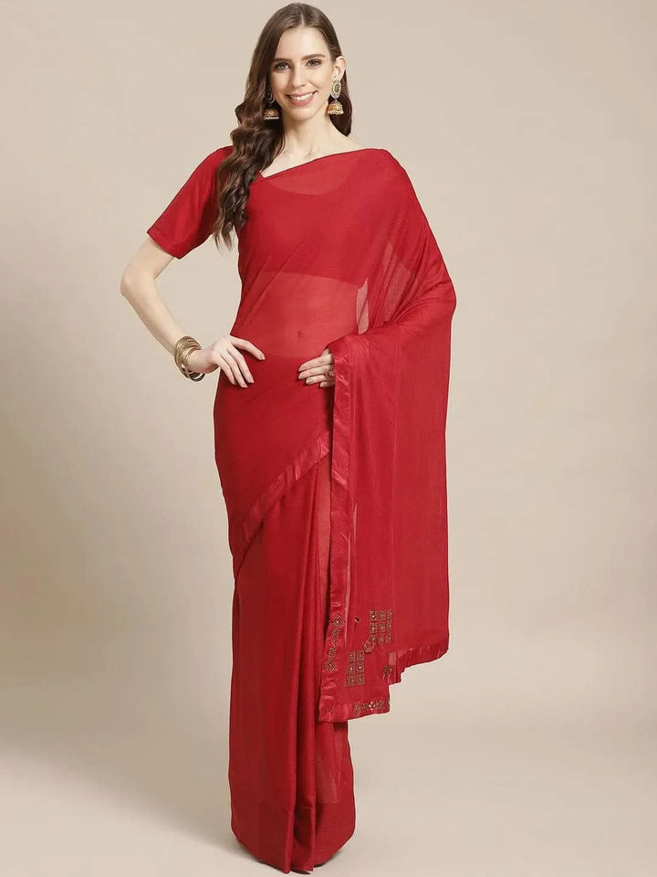 Maroon Solid Polyester Saree - Libas