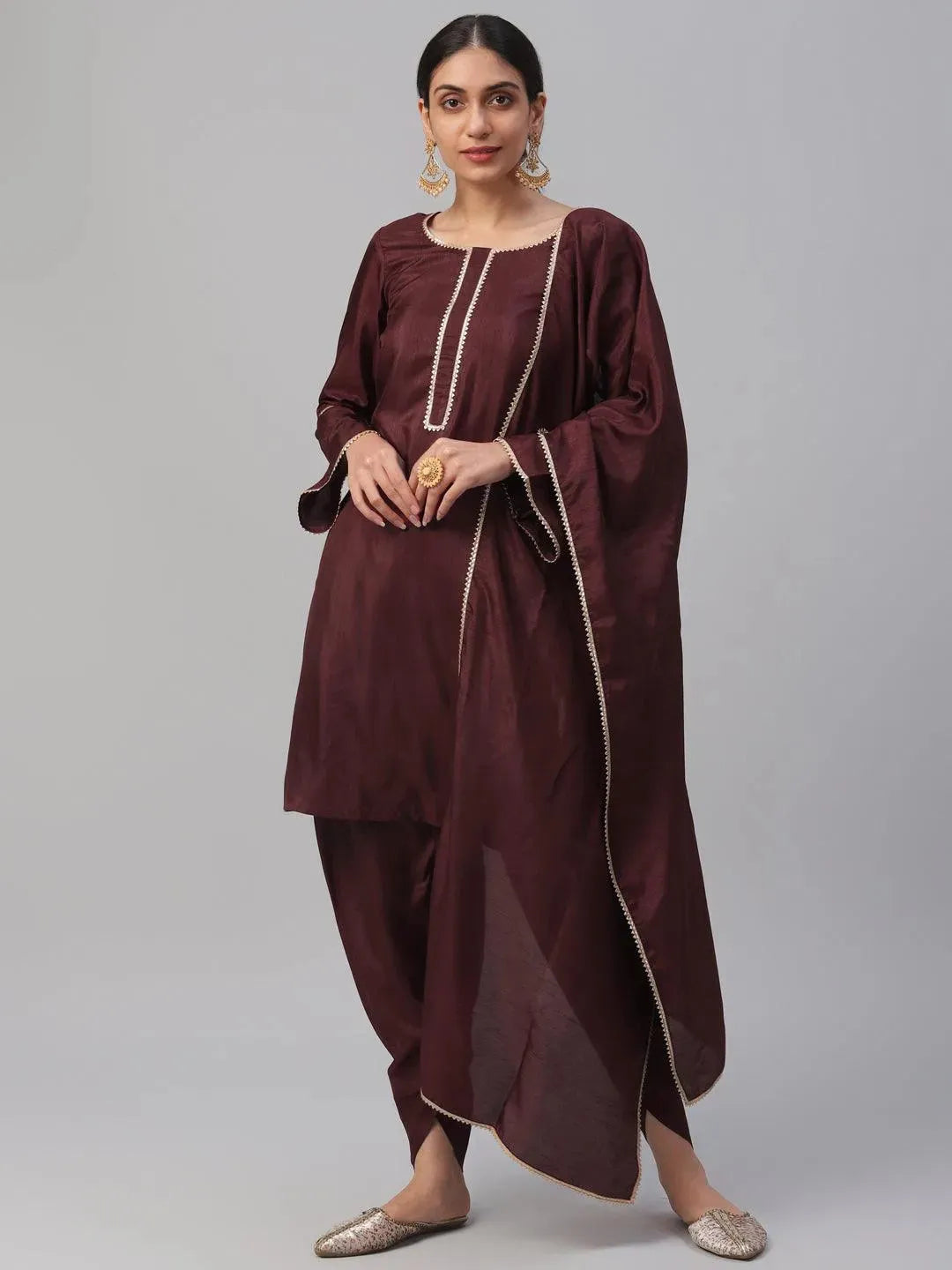 Maroon Solid Polyester Suit Set - Libas