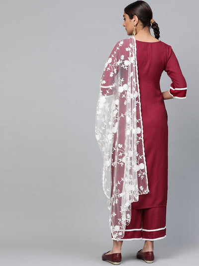 Maroon Solid Polyester Suit Set - Libas