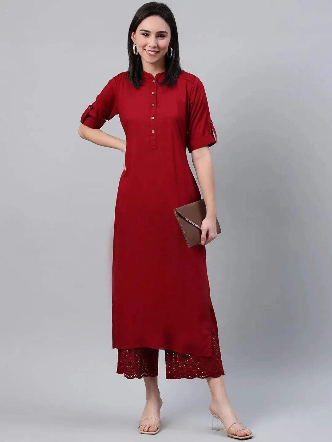 Maroon Solid Rayon Kurta - Libas