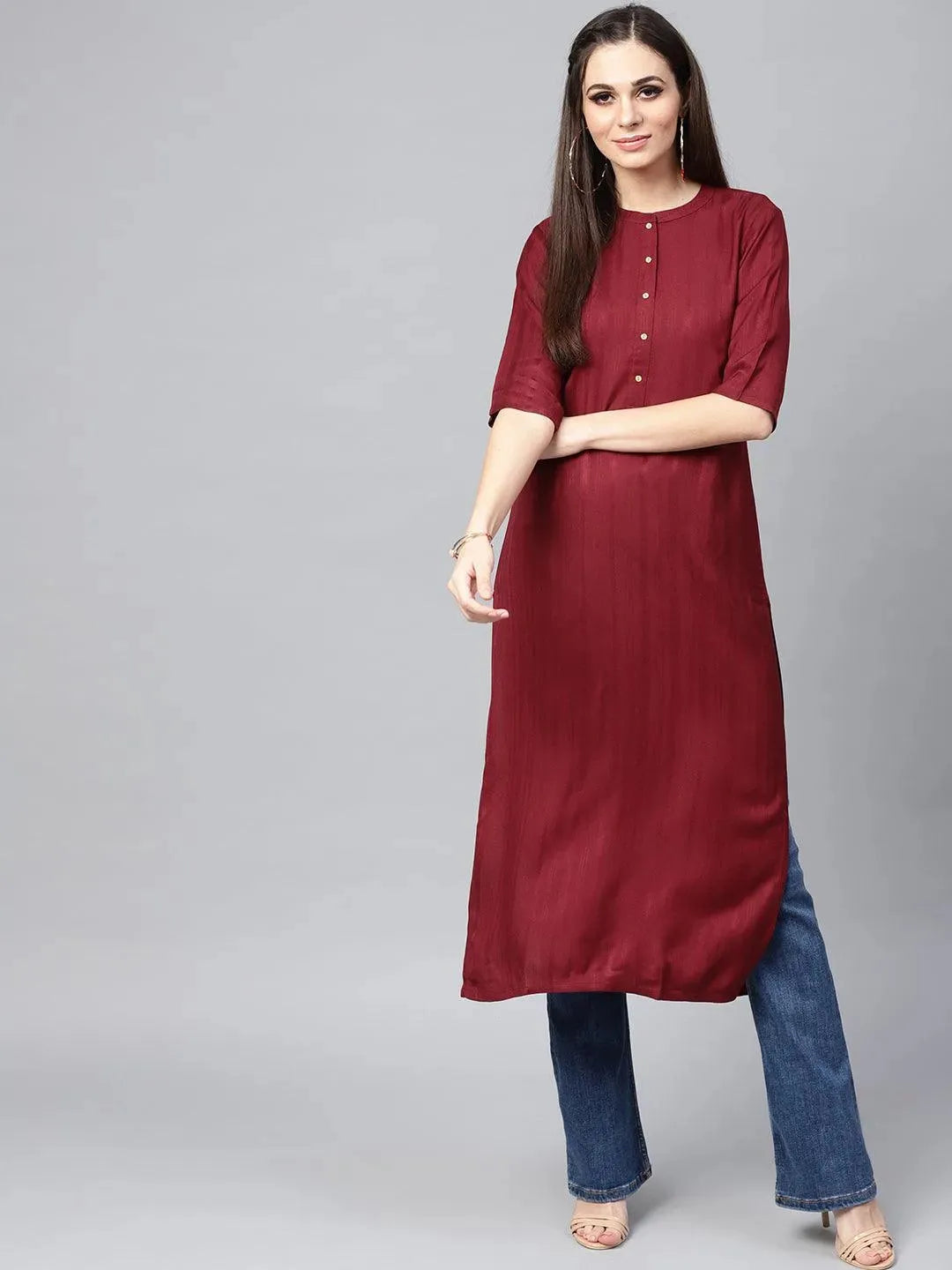 Maroon Solid Rayon Kurta - Libas