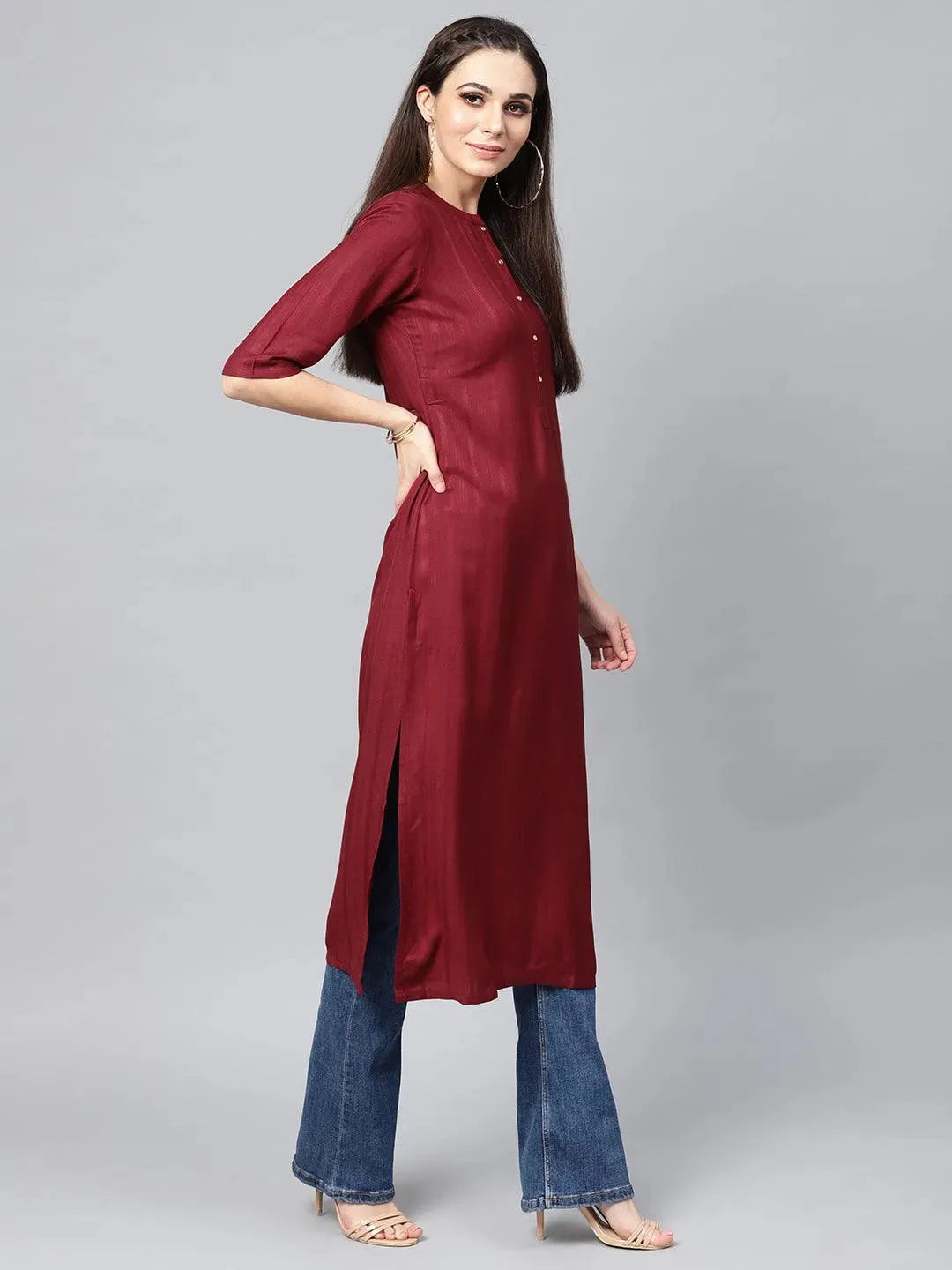 Maroon Solid Rayon Kurta - Libas