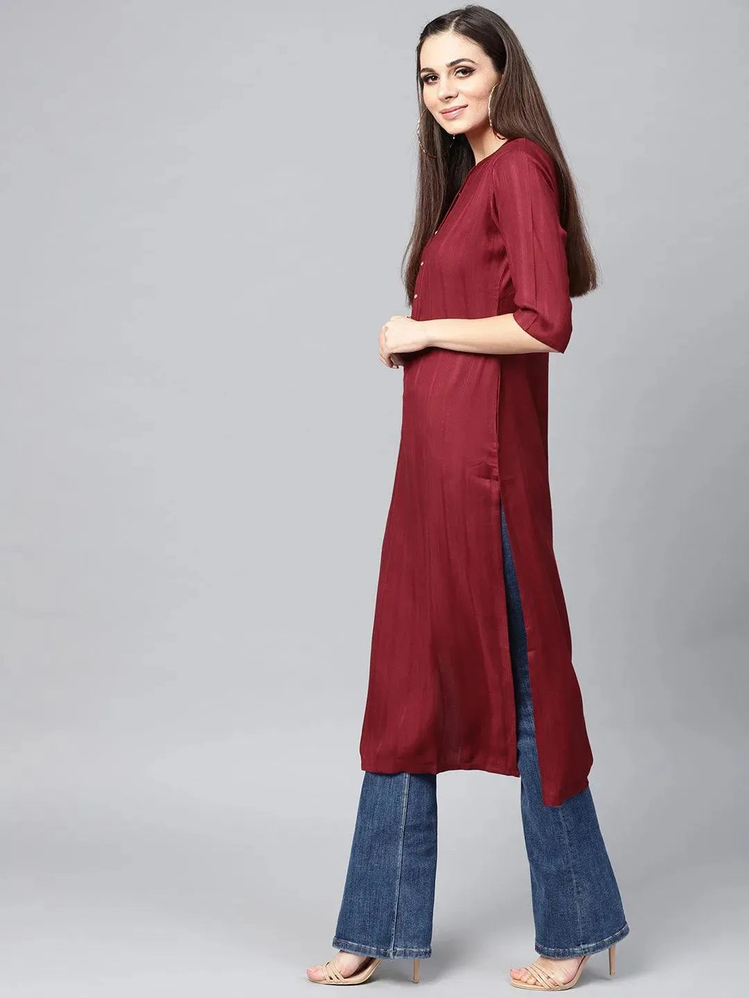 Maroon Solid Rayon Kurta - Libas