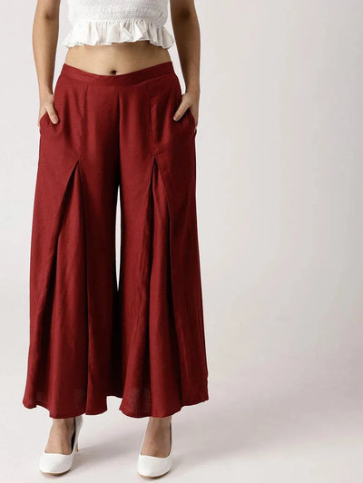 Maroon Solid Rayon Palazzos - Libas