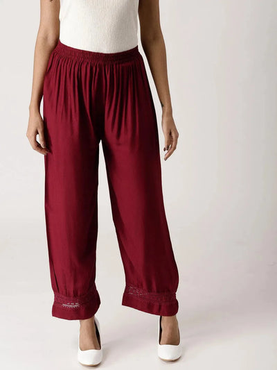 Maroon Solid Rayon Palazzos - Libas