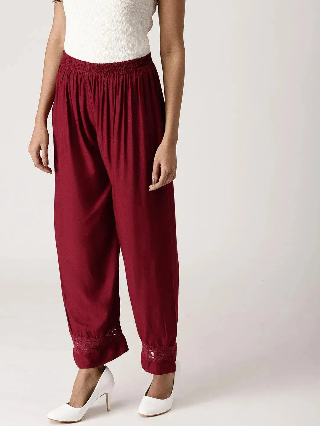 Maroon Solid Rayon Palazzos - Libas