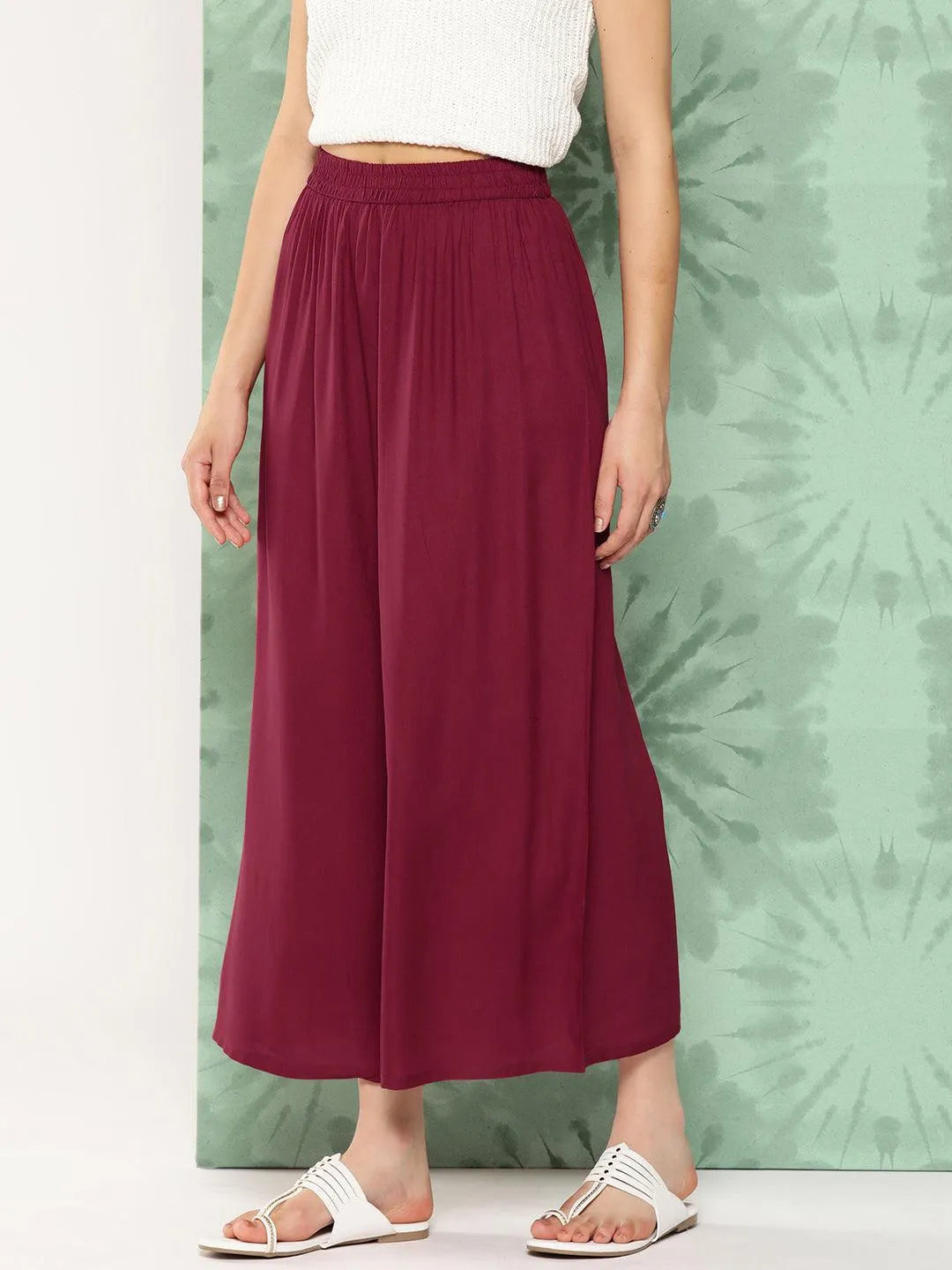 Maroon Solid Rayon Palazzos - Libas 