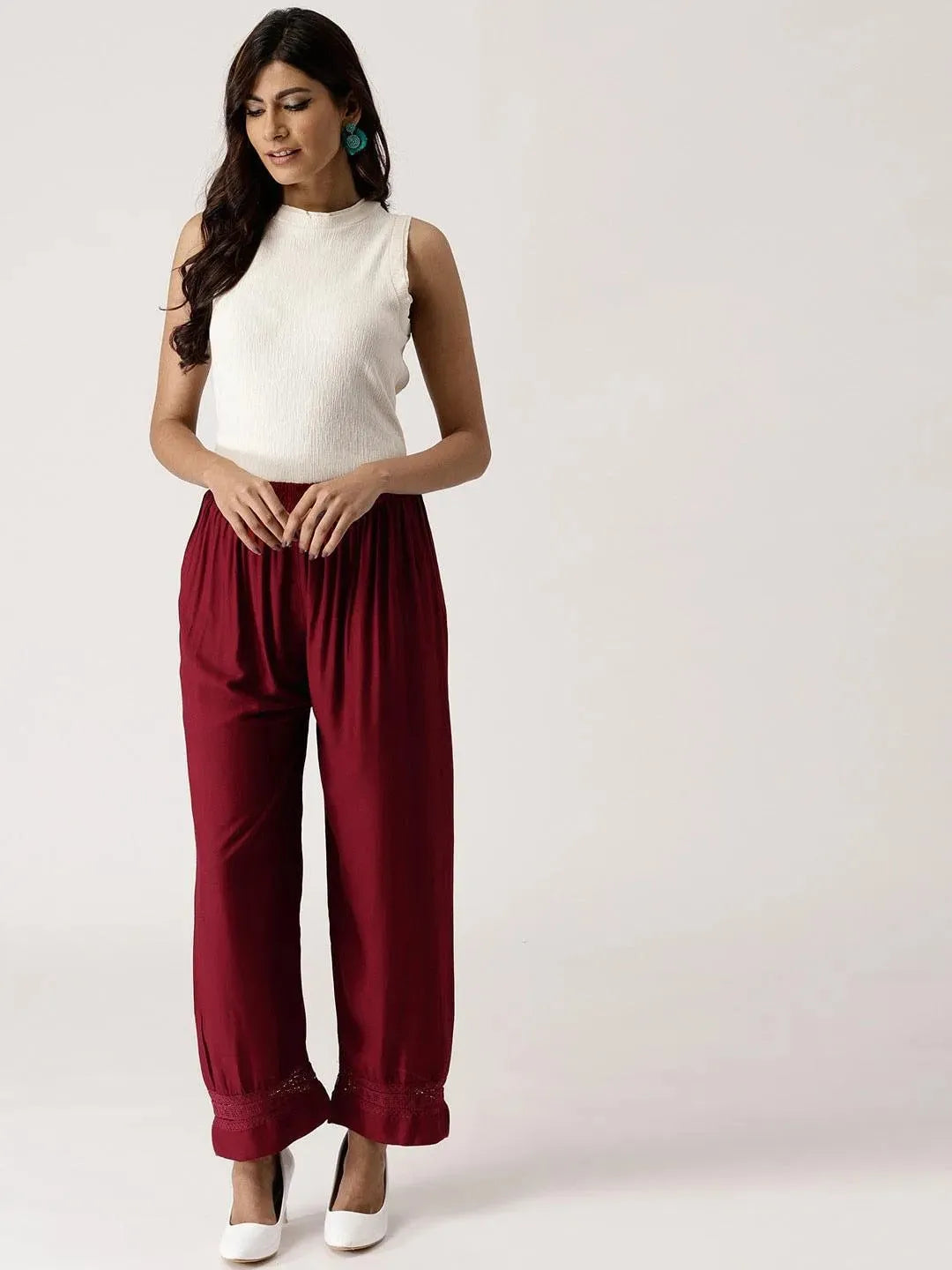 Maroon Solid Rayon Palazzos - Libas