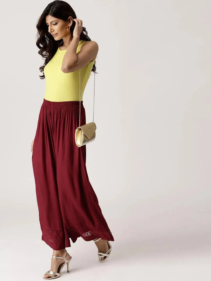 Maroon Solid Rayon Palazzos - Libas