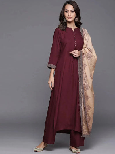 Maroon Solid Viscose Rayon Suit Set - Libas