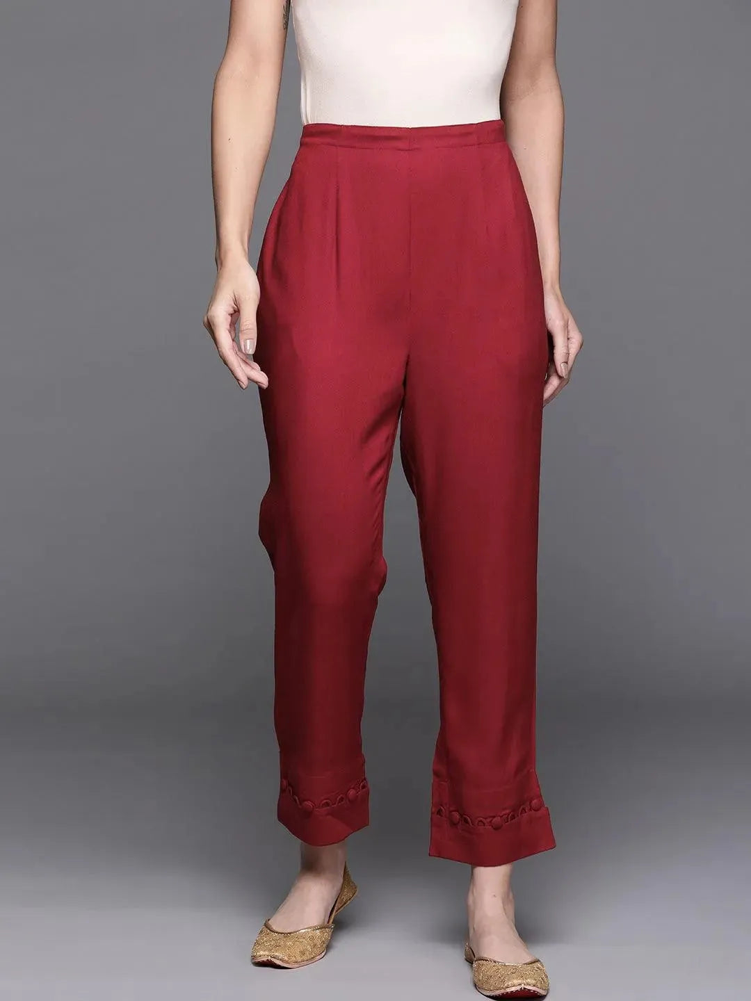 Maroon Solid Rayon Trousers - Libas