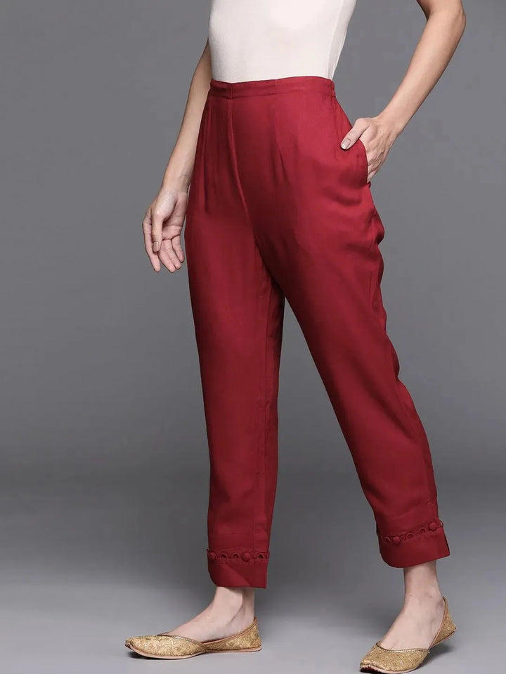 Maroon Solid Rayon Trousers - Libas