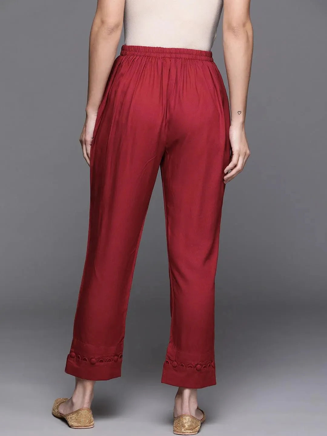 Maroon Solid Rayon Trousers - Libas 
