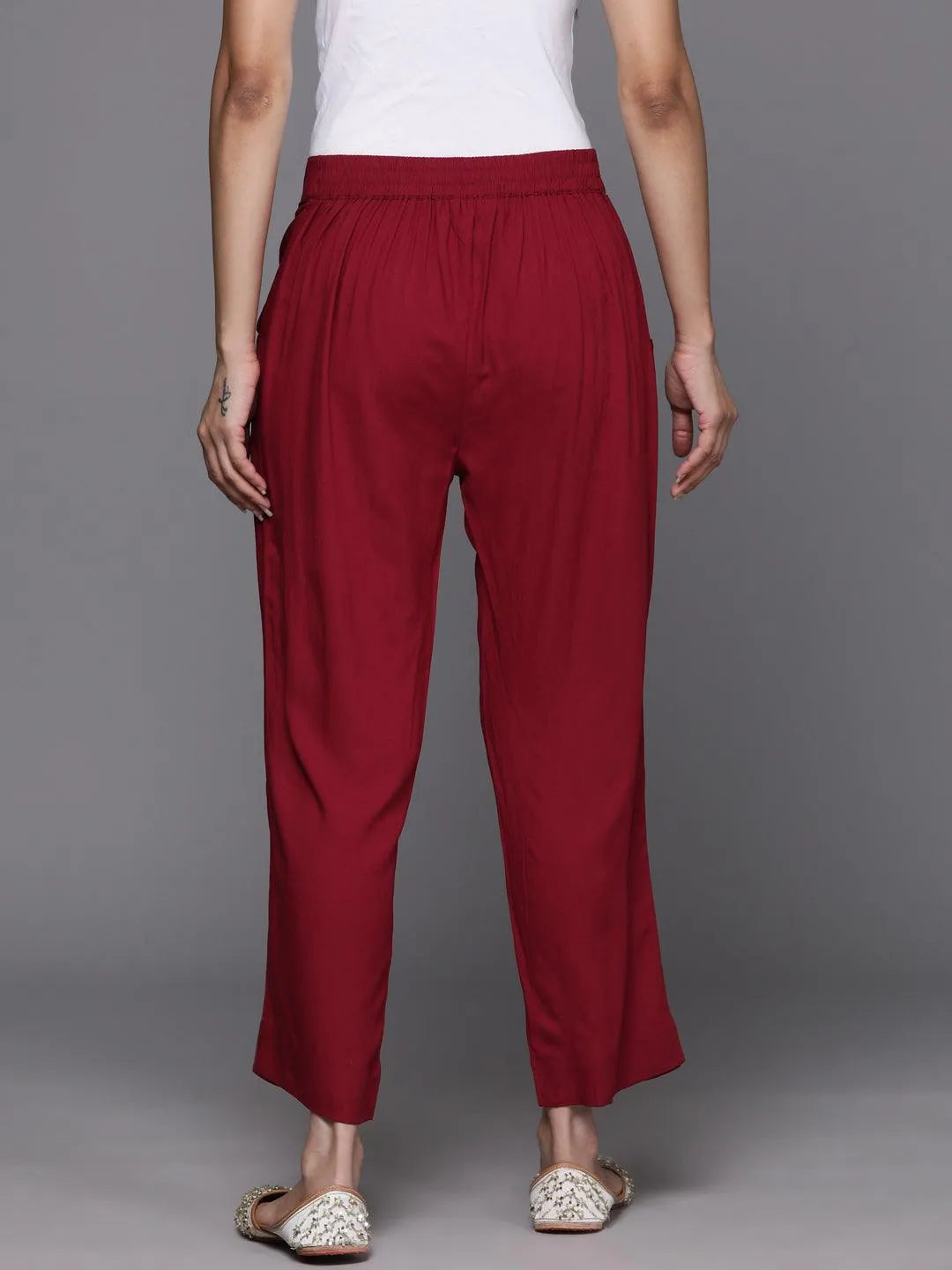 Maroon Solid Rayon Trousers - Libas 