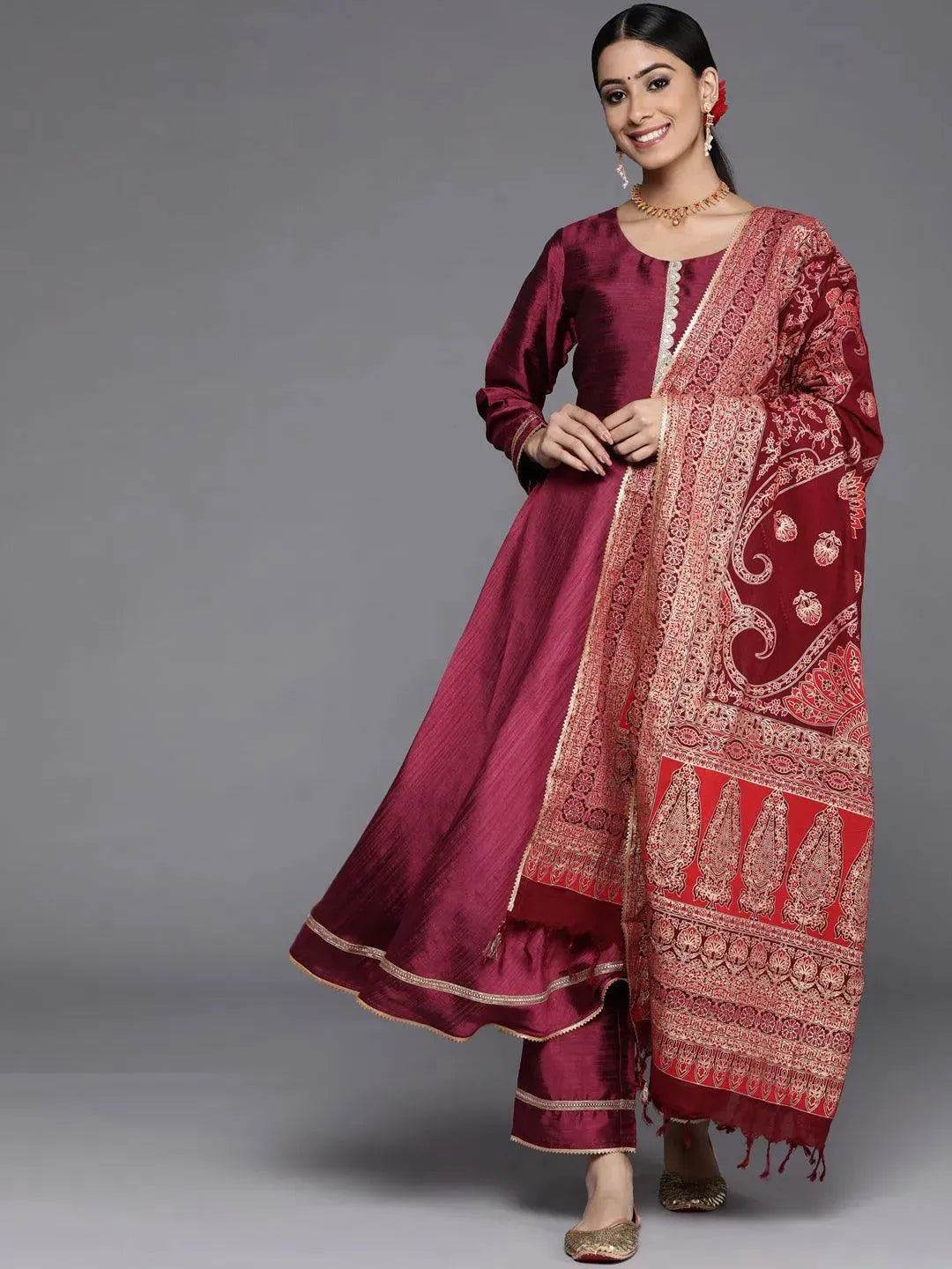 Maroon Solid Silk Blend Anarkali Suit Set With Palazzos - Libas 