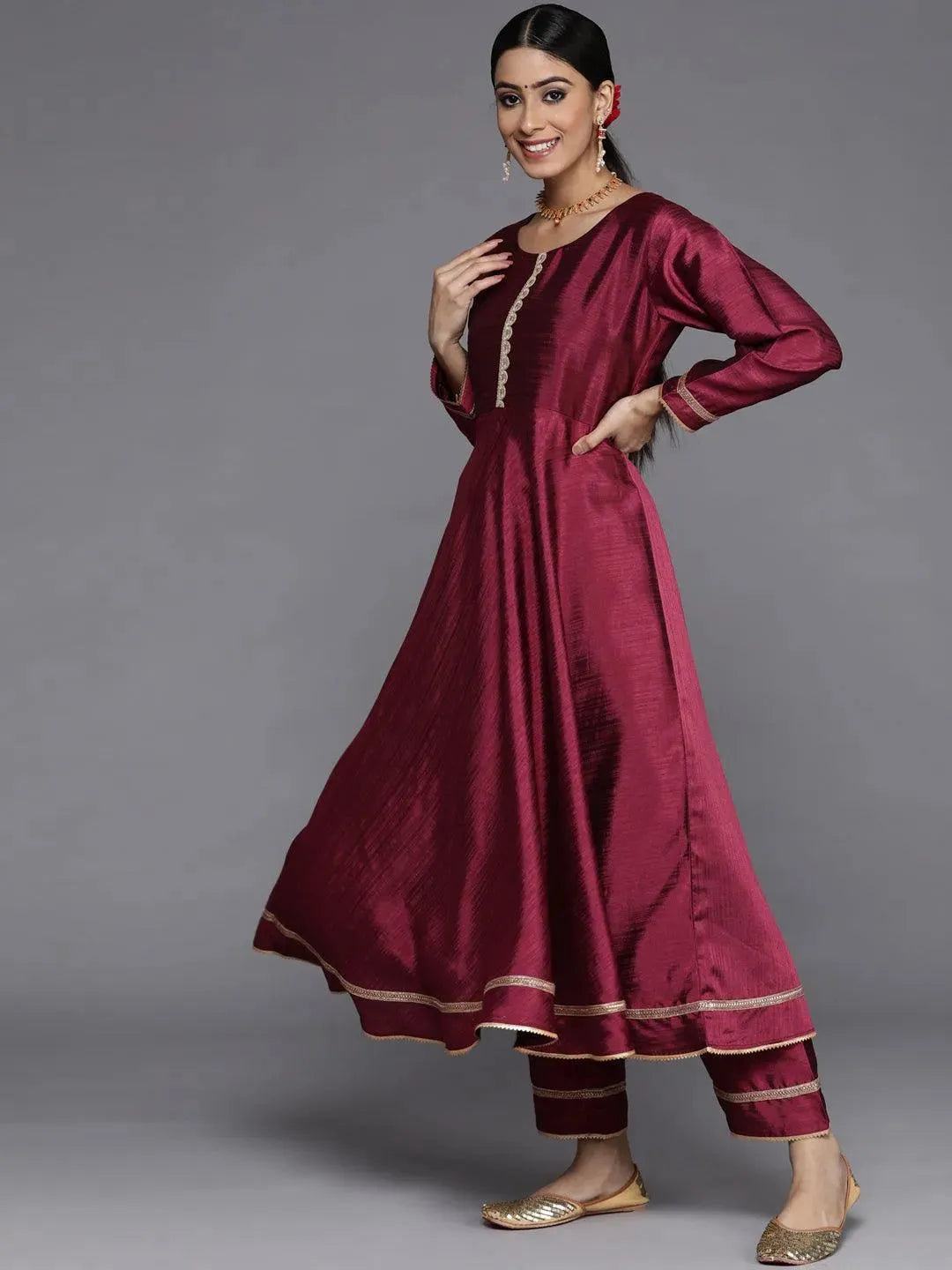 Maroon Solid Silk Blend Anarkali Suit Set With Palazzos - Libas 